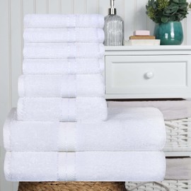 Superior Turkish Cotton Ultra-Plush 8-Piece Towel Set, Ideal for Master Bath, Guest Bathroom, Fast Drying, Shower, Spa, Face/Washcloths, Hand, Bath Towels, Absorbent, Home Basics, White
