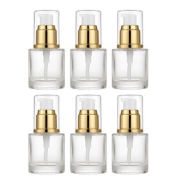 6Packs 20ml Clear Glass Lotion Pump Bottles Refillable Travel Cosmetic Containers with Pump and Clear Cap Mini Empty Dispenser Jars for Serum, Essence, Toner, Skincare, Essential Oils (Golden)