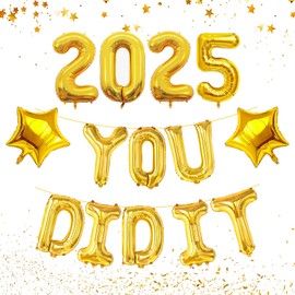 2025 You Did It Balloons - Golden Graduation Decorations with 16 Inch "YOU DID IT 2025" Foil Letter & 2 Golden Star Balloons for 2025 Graduation Party Celebrations