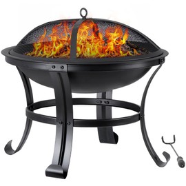 LEMY 22 Inch Outdoor Firepit Wood Burning BBQ Grill Steel Firepit Bowl for Patio Backyard Garden Camping Picnic Bonfire w/Spark Screen Cover, Log Grate, Fire Poker