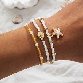 IQIC Beaded Anklet for Women Adjustable Gold Boho Shell Anklet Hawaiian Beach Starfish Ankle Bracelet Seashell Pearl Conch Anklets Summer Ocean Foot Jewelry (3pcs gold starfish)