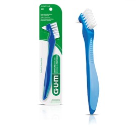 GUM - Cepillo para Prótesis Dentales con Doble Cabezal Con Cerdas Firmes de Nylon y Mango Ergonómico Antideslizante