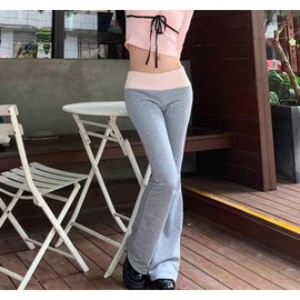 Y2K Contrast Flare Pants Women Casual Leggings Vintage Streetwear Female Low Waist Trousers Sweatpants Joggers (Gray,L,Large)