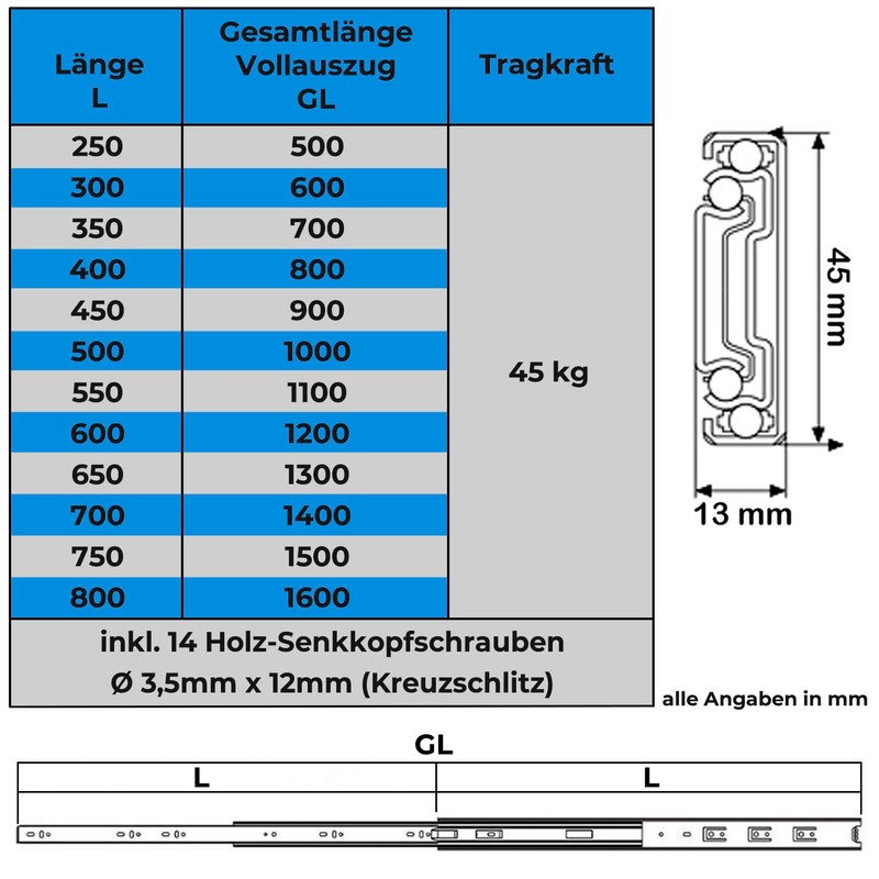 Set of 2 drawer Rails, Drawer Slides, Full Extension, Telescopic