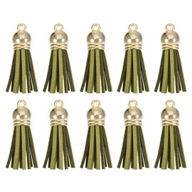 HARFINGTON 20Pcs 1.5 Inch Leather Tassels Keychain Charm with Gold Cap for Pendant Bracelet Jewelry Making DIY Craft Decoration, Olive Green