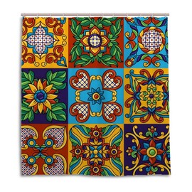 ZHONGJI Waterproof Fadeless Shower Curtain ﻿Mexican Talavera Ethnic Folk Modern Family Bathroom Bathtub Decoration Hook Machine Washable Hotel 72x72 Inch