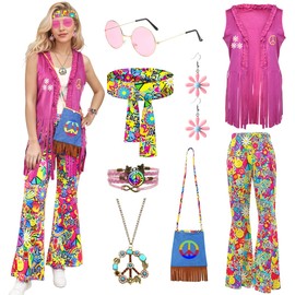 COYBTO 70s Fancy Dress Women, Hippie Costume with Fringe Vest Flared Pants Necklace Set, 60s 70s Disco Fancy Dress, 1970s Retro Hippie Outfit Hippy Clothes for Carnival Cosplay Party (1, XL)