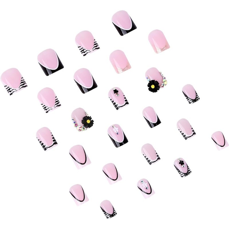 24 Pcs Press On Nails Short Square,YEFIUO 3D Flowers Charms