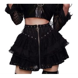 Insgoth Gothic Mini Skirts for Women Goth Lace Black High Rise Zipper Fairy Cute
