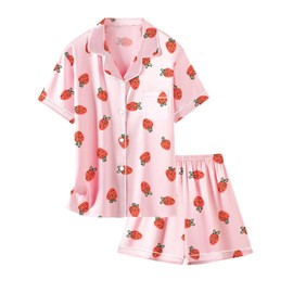 Schbbbta Silk Pajamas Set for Girls Satin Button Down Sleepwear Loungewear Gifts for Kids, Pink Strawberry, 9-10 Years