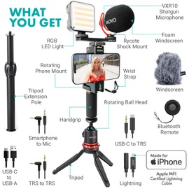 Movo Movo iVlogger-PRO Vlogging Kit for iPhone/Android - YouTube Starter Kit for Content Creators - Accessories: Phone Tripod, Phone Mount, RGB Light and VXR10 Shotgun Mic