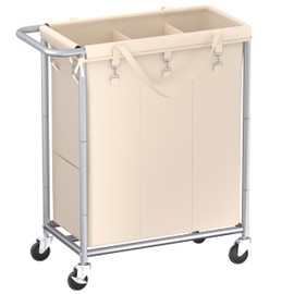SOBECHOI Laundry Basket with Wheels, 3-Section Rolling Laundry Hamper, 52.8 Gallons (200L), Removable Liner and Steel Frame - Steel Frame with Handle - Cream White, 31.4 x 15.5 x 32.6 Inches