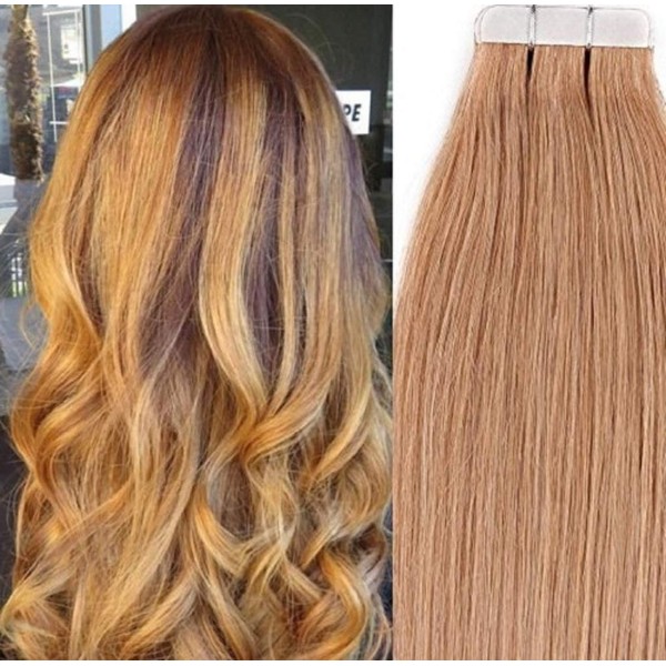 Hair Faux You 18 inch Tape in Hair Extensions Real Human Hair, 100g,40pcs, Glue in Extensions, Silky Straight Remy Hair Color #27 Strawberry Blonde