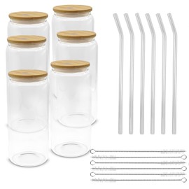 EMARI Sublimation Glass Blanks with Bamboo Lid, 22 OZ Clear Sublimation Beer Drinking Glasses, Glass Cups with Lids For Iced Coffee, Boba Tea, Smoothies (6 PCS)