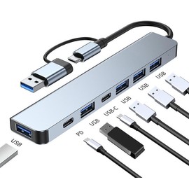 7-in-1 USB Hub, Type-C Docking Station with 5 USB 3.0 Ports, Aluminium Alloy, Grey