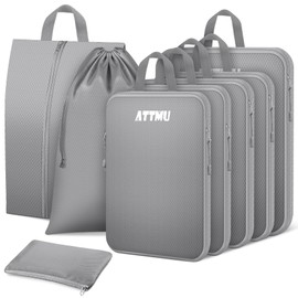 Attmu 8 Set Compression Packing Cubes, Expandable Packing Cubes for Travel Essentials Accessories, Travel Compression Bags for Packing with Shoes & Laundry Bags for Carry on Luggage Suitcase (Grey)