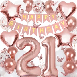 21st Birthday Decorations for Girls, Rose Gold 40 Inch Number 21 Foil Birthday Balloons with Happy Birthday Banner and Butterfly Stickers