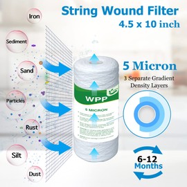 VEGEBE 5 Micron Water Filter 10" x 4.5", 10-inch Whole House Heavy Duty String Wound Sediment Pre-Filters for Well Water, Replacement Cartridge for WP5BB97P, RS22, SWC-45-1005, PC10, 355214-45, 4-Pack