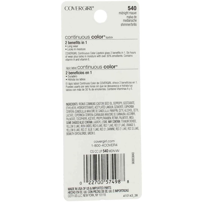 COVERGIRL Continuous Color Lipstick Midnight Mauve 540, .13 oz (packaging