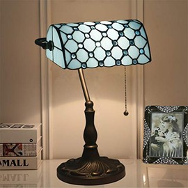Bankers Lamp 10 Inches Tiffany Style Stained Glass Banker Desk Lamp Table Lamp for Bedroom, Beside,Office, Zinc Alloy Base,Pull Cord Switch,Blue