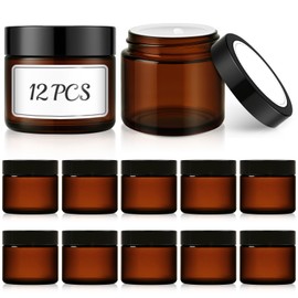 2 oz Small Glass Jars with Lids, Bumobum 12 Pack Amber Glass Cosmetic Jars with Inner Liners, 60ml Round Empty Sample Containers with Blank Labels for Cream, Salve, Lotion