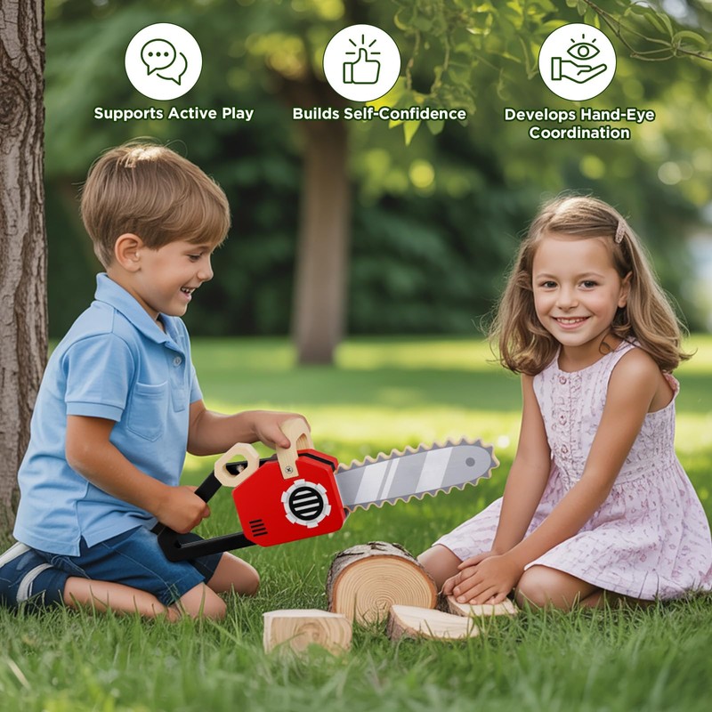 GAGAKU Wooden Toy Kids Chainsaw Tool Set, Pretend Play Construction