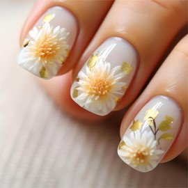 Rilafuvu Short Press on Nails Square Fake Nails Nude Ombre Full Cover Glue on Nails with Cute Flower Designs False Nails Press ons Short Square Acrylic Nails Glossy Stick on Nails for Women Girls