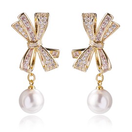 VICAKER Women's Earrings, Sparkling, Fashion, Pearl, Bowknot Earrings, Popular, Hypoallergenic, Silver Copper Cubic Zirconia