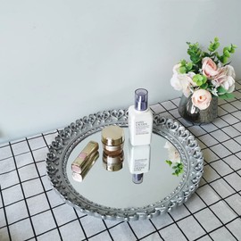 Yash YANIZU Decorative Mirror Tray, Round Hollowed Out Design, Organizer for Makeup, Jewelry, Perfume, Vintage Display and Serving Tray for Dresser, Counter and Coffee Table, 12''X 12'', Silver