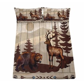 LUVIVIHOME 4PCS Brown Bear Sheets Set, Queen Bed Sheets, Deer Bedding, Moose Elk Woodland Animal Wildlife Hunting Lodge Rustic Cabin Farmhouse Bedding, 1 Fitted Sheet & 1 Flat Sheet with 2 Pillowcases