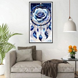 DPHERO DIY Blaue Rose Diamant Painting Kits Bilder für Erwachsene Anfänger,5D Traumfänger Diamond Painting Set,DIY Runde Steine Feder Diamant Kunst Kits, Diamant Art für Zuhause Dekor 40x70 cm