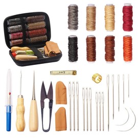 Leather DIY Tools 32pcs Leather Craft Tools Kit for Hand Sewing Stitching with Needles, Thread, Thimble Ring and More