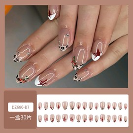 30Pcs Leopard French Tip Press on Nails Short Almond Fake Nails with Rhinestones Design Cute 3D Cherry Glue on Nails Star Acrylic Artificial Nails Reusable Nude Stick on Nails for Women Daily Wear