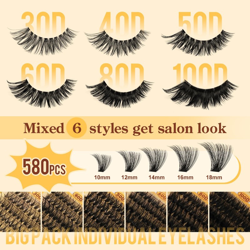 QUEWEL 580PCS Lash Clusters Kit 30D+40D+50D+60D+80D+100D Lashes Clusters Kit 10-18mm