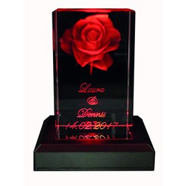 VIP-LASER 3D XL Glass Crystal Cuboid - Rose with Two Names and Date in Portrait Format - For People You Love!