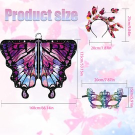 Butterfly Costume Women's Double-Sided 3-Piece Set Butterfly Cape Adult Carnival Costume Women's Butterfly Costume Wings Cosplay Fancy Dress Costumes for Carnival
