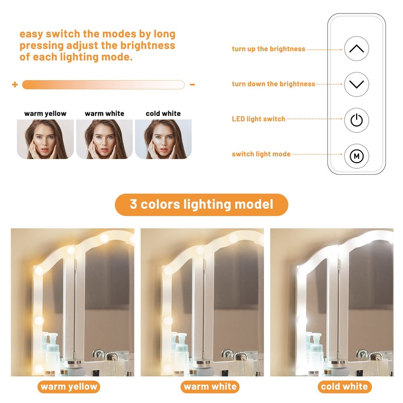 Makeup Vanity Desk with Lighted Mirror, Tri-Fold Vanity Table with