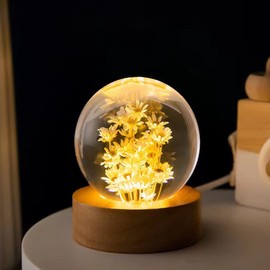 DESHINTKE Yellow Daisy Glowing Crystal Ball Eternal Flower Paperweight with Luminous Base