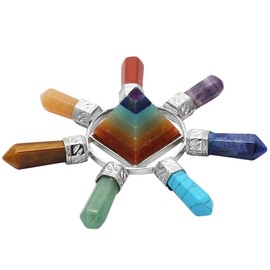 mookaitedecor 7 Chakras Healing Crystal Pyramid Energy Generator with 7 Chakras Stone Points Wands Reiki Spiritual Decoration Figurine