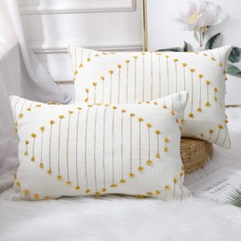 Set of 2 Cotton Knitted Boho Throw Pillow Covers 12 x 20,Modern Accent Decorative Lumbar Cushion Covers Pillowcase for Farmhouse Couch Sofa Bed Livingroom, Yellow and Cream White