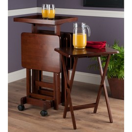 Winsome Isabelle Snack Table Set with Mobile Stand, for Living Room, Patio, 36", Walnut, Set of 4 Tables