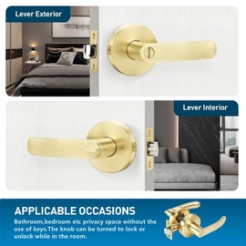 Leydebong 4 Pack Privacy Door Lock Door Handle Lever Keyless Door Knob Hardware Lockset for Bathrooms Indoor Door Levers Reversible Without Key for Interior Use, Light Satin Brass Finish