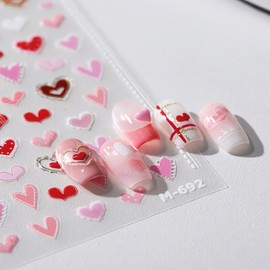 1 Sheets Valentine's Day Nail Stickers Embossed Heart Nail Art Stickers Pink Red Love Hearts Nail Decals Romantic Valentines Nail Designs 5D Self-Adhesive Valentines Day Nail Decoration for Women