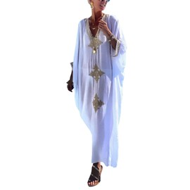 L-Peach Women's Kaftan Loungewear Boho Homewear Oversized Kimono Maxi Beach Dress Cover Ups Robe, H White Gold