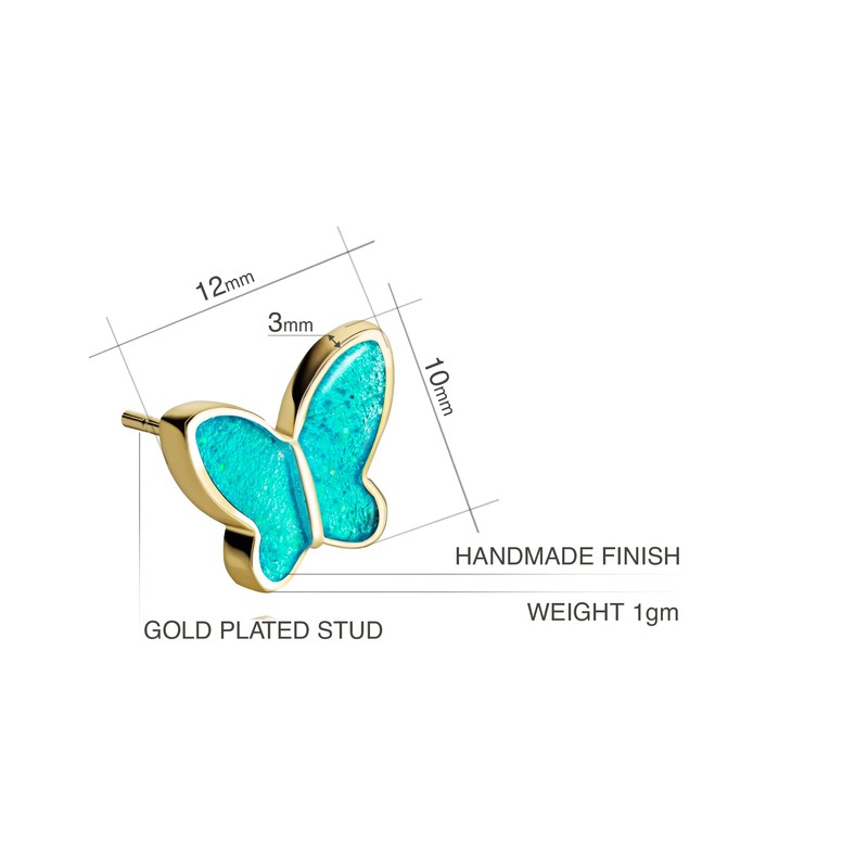 Handmade Small Sparkly Butterfly Stud Earrings for Women (Aqua Blue