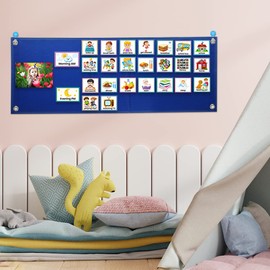 Kid Visual Schedule Hanging Visual Planner Chore Chart Magnetic Children Learning Calendar Chart with 70 Cards Morning Bedtime Routine Wall Planner for Boys Girls(blue)
