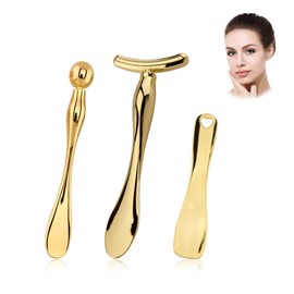 UgyDuky 3Pcs Beauty Massage Tool Set Face Roller Massager Tool Under Eye Roller Face Massage Stick Metal Eye and Face Cream Applicator Metal Makeup Spatula for Girls Women Reduce Puffiness Wrinkle (Gold)