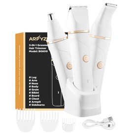 AREYZIN Bikini Trimmer for Women Painless Electric Razor for Women,3 in 1 Pubic Hair Trimmer for Women,USB Recharge Dock,Replaceable Ceramic Blade Heads,IPX7,Body Hair Trimmer,White