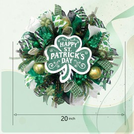 vivimemo St. Patrick's Day Wreath 20-inch Green Front Door Wreath Four-Leaf Clover Golden Ball St. Patrick's Day Celebration Decorated Party Patio Hallway Decorated