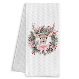 Qpenm Pink Bow Christmas Deer Kitchen Towels,Christmas Wreath Hand Towels,Reindeer Christmas Decoration Waffle Weave Kitchen Dish Towels for Kitchen Bathroom,Deer Lovers Gift,16x24 Inch